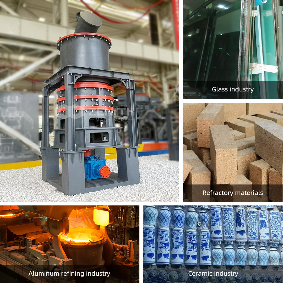 Process flow diagram showing fluorspar crushing, XZM1250 grinding, classification, and collection for metallurgical flux.